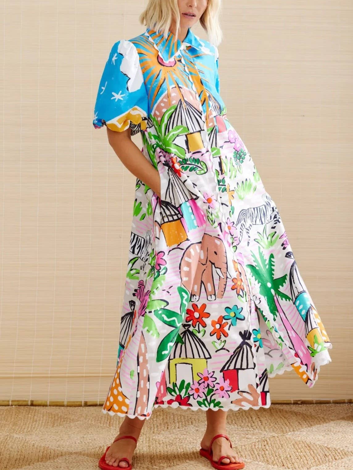 Lace Trim Animal Unique Print Short Sleeve Shirt Dress: Decor / M