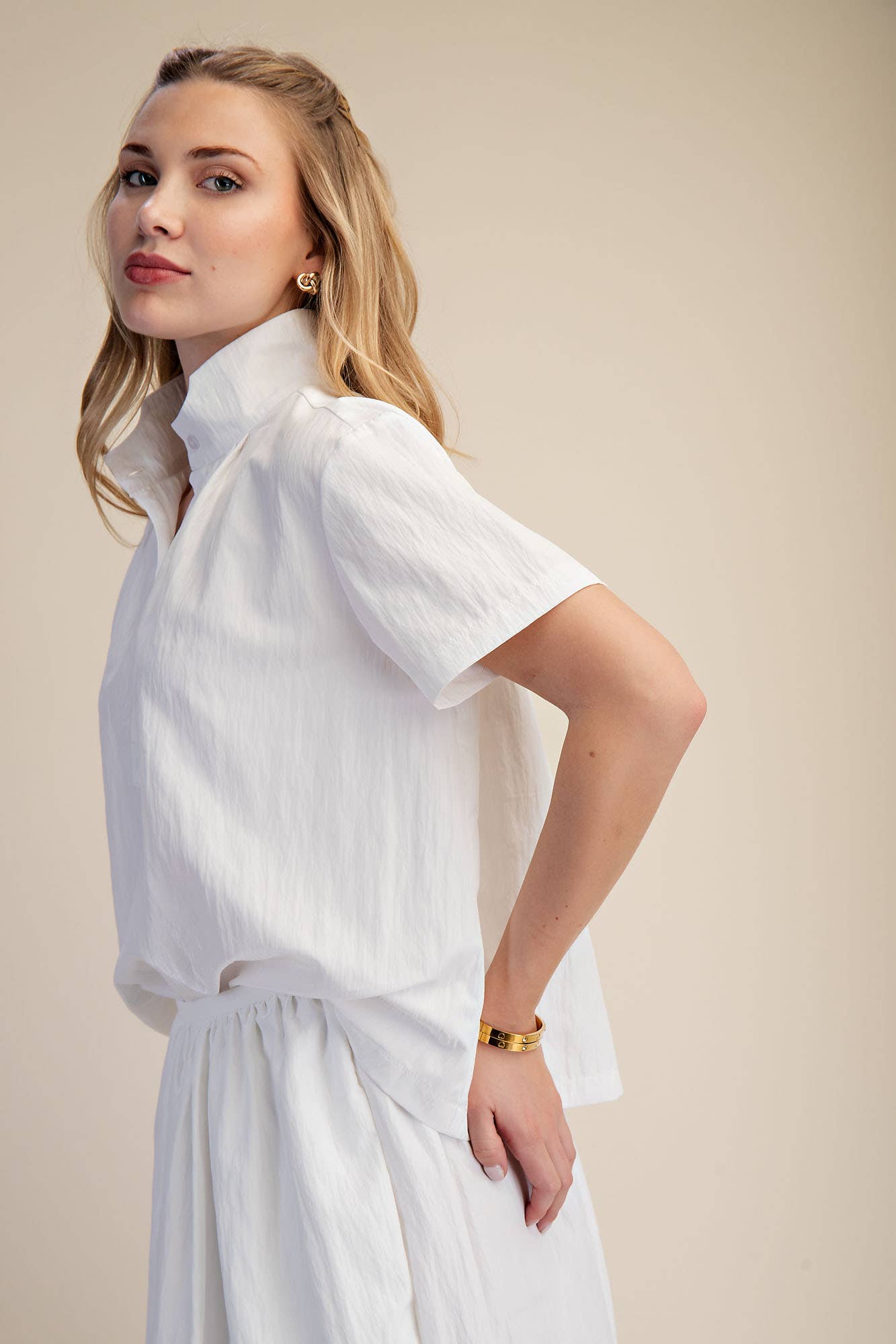 Stand Collar Short Sleeves Shirt: White