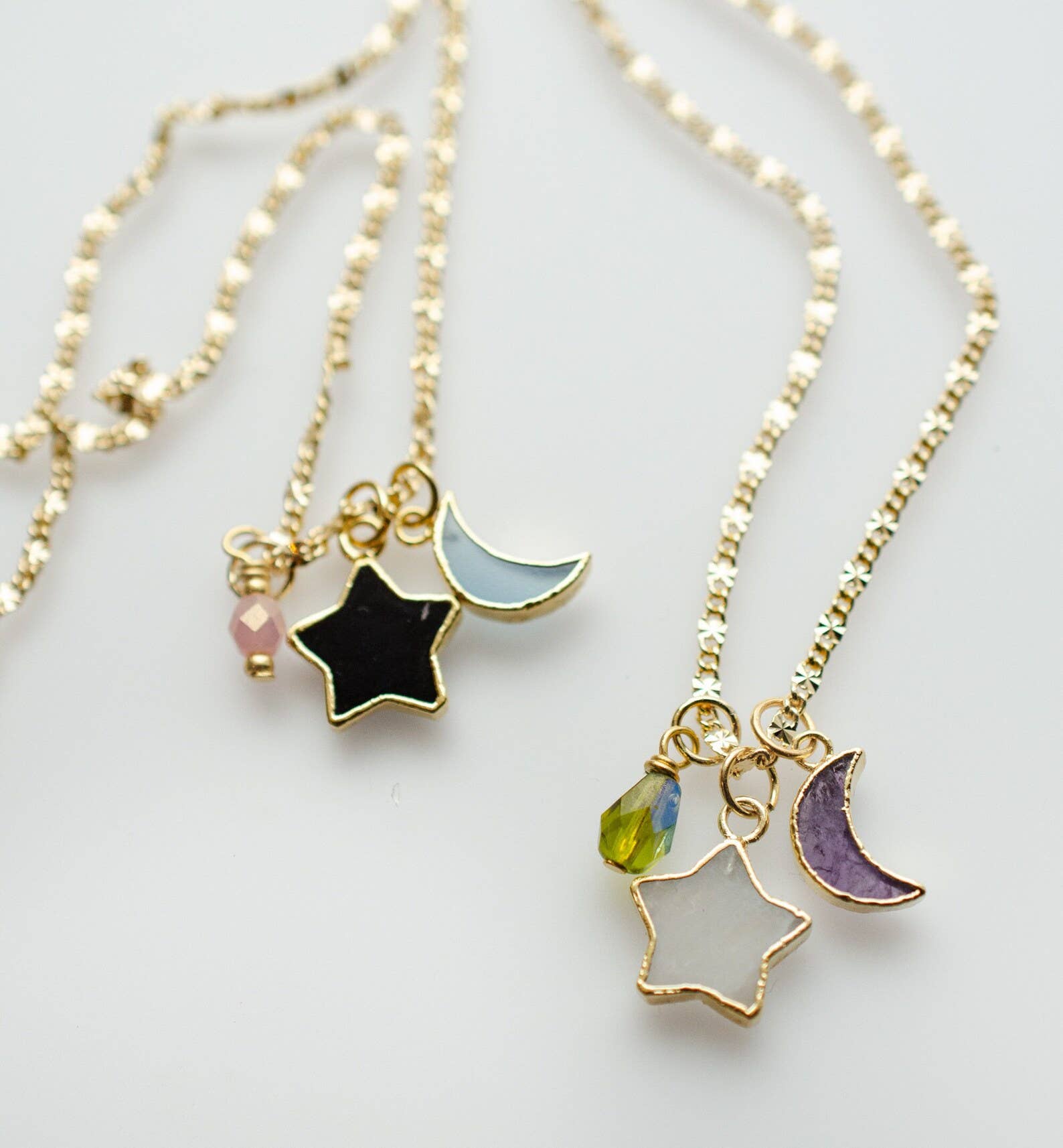 Star and Moon Gemstone Necklace: 18 inches / Amethyst + Moonstone