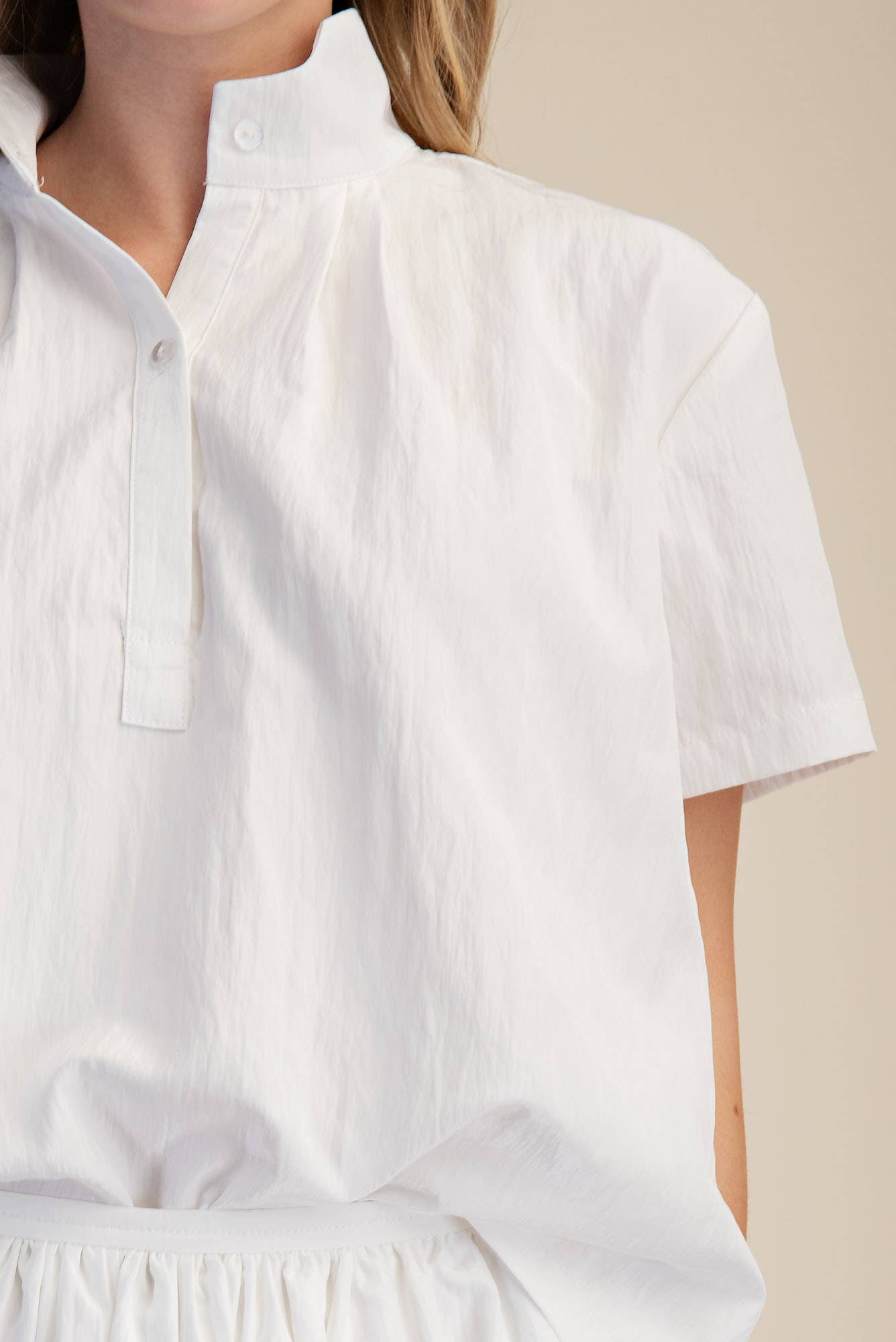 Stand Collar Short Sleeves Shirt: White