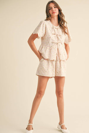 EMBROIDERED FLORAL GINGHAM TOP AND SHORTS SET