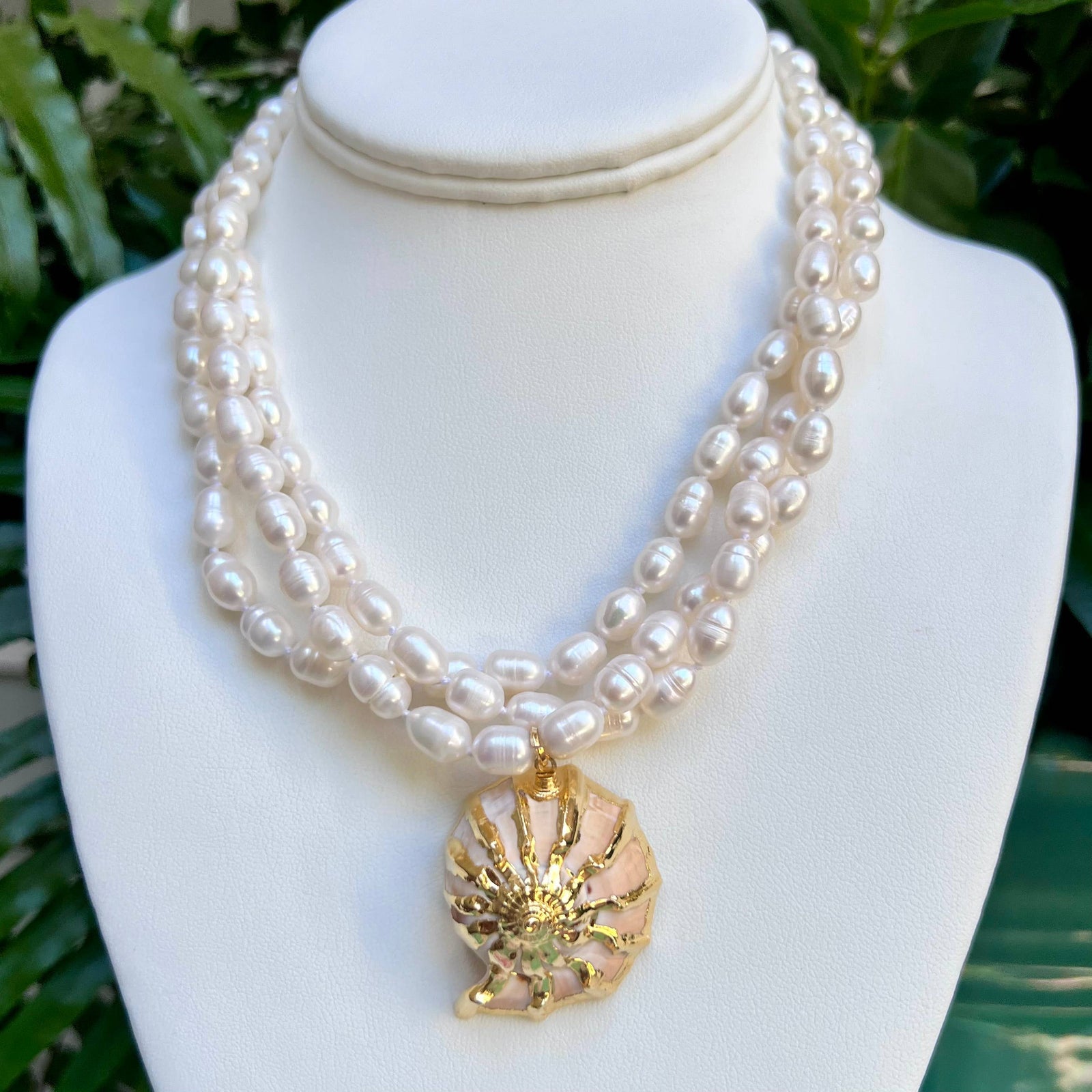 Pearl Triple Strand + Seashell Pendant Necklace