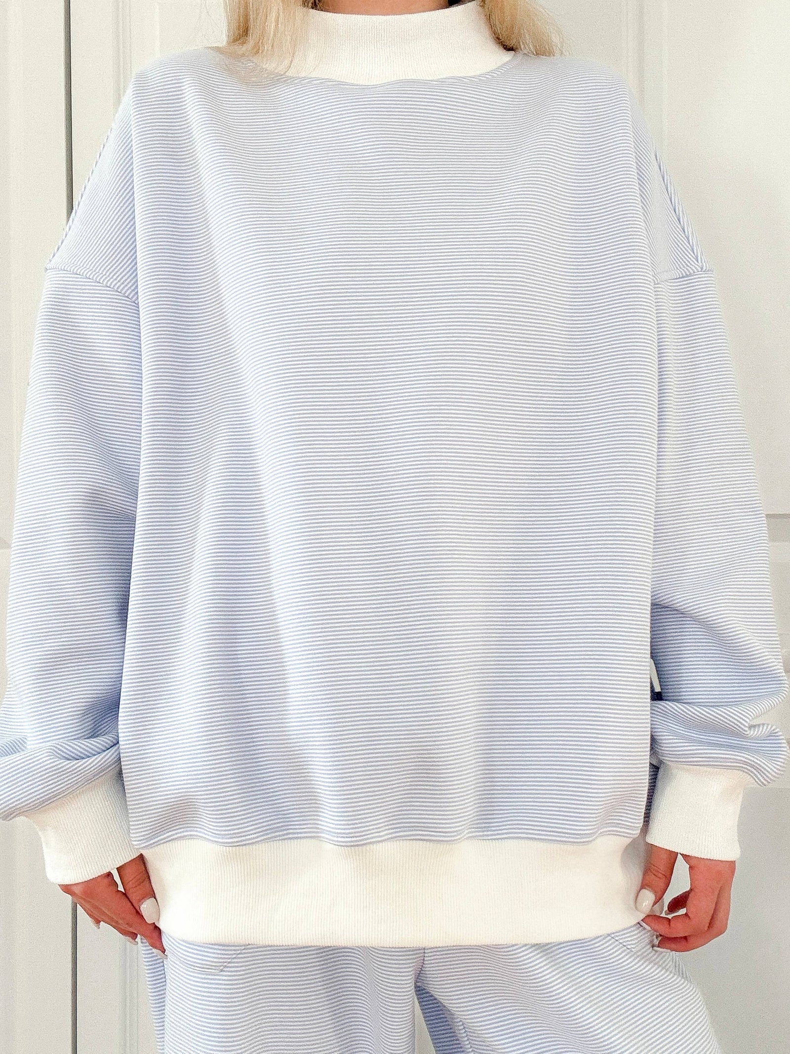 Blue and White Mini Striped Mockneck Sweatshirt: Blue/White Mini Stripes
