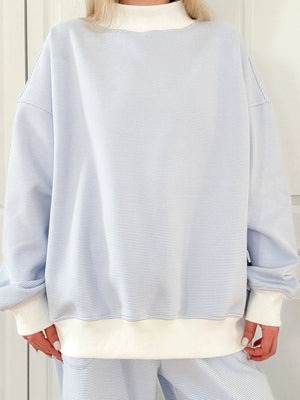 Blue and White Mini Striped Mockneck Sweatshirt: Blue/White Mini Stripes