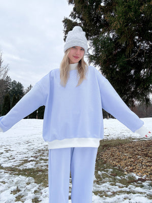 Blue and White Mini Striped Mockneck Sweatshirt: Blue/White Mini Stripes