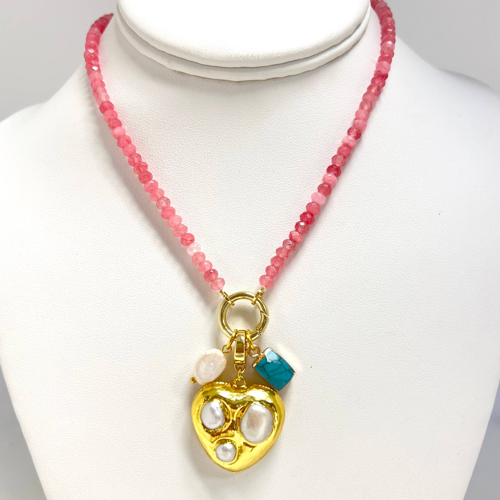 Pink Beaded Necklace + Heart Pendant With Charms