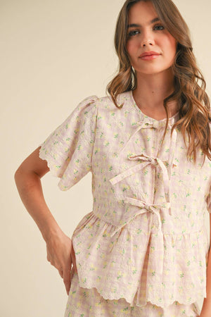 EMBROIDERED FLORAL GINGHAM TOP AND SHORTS SET