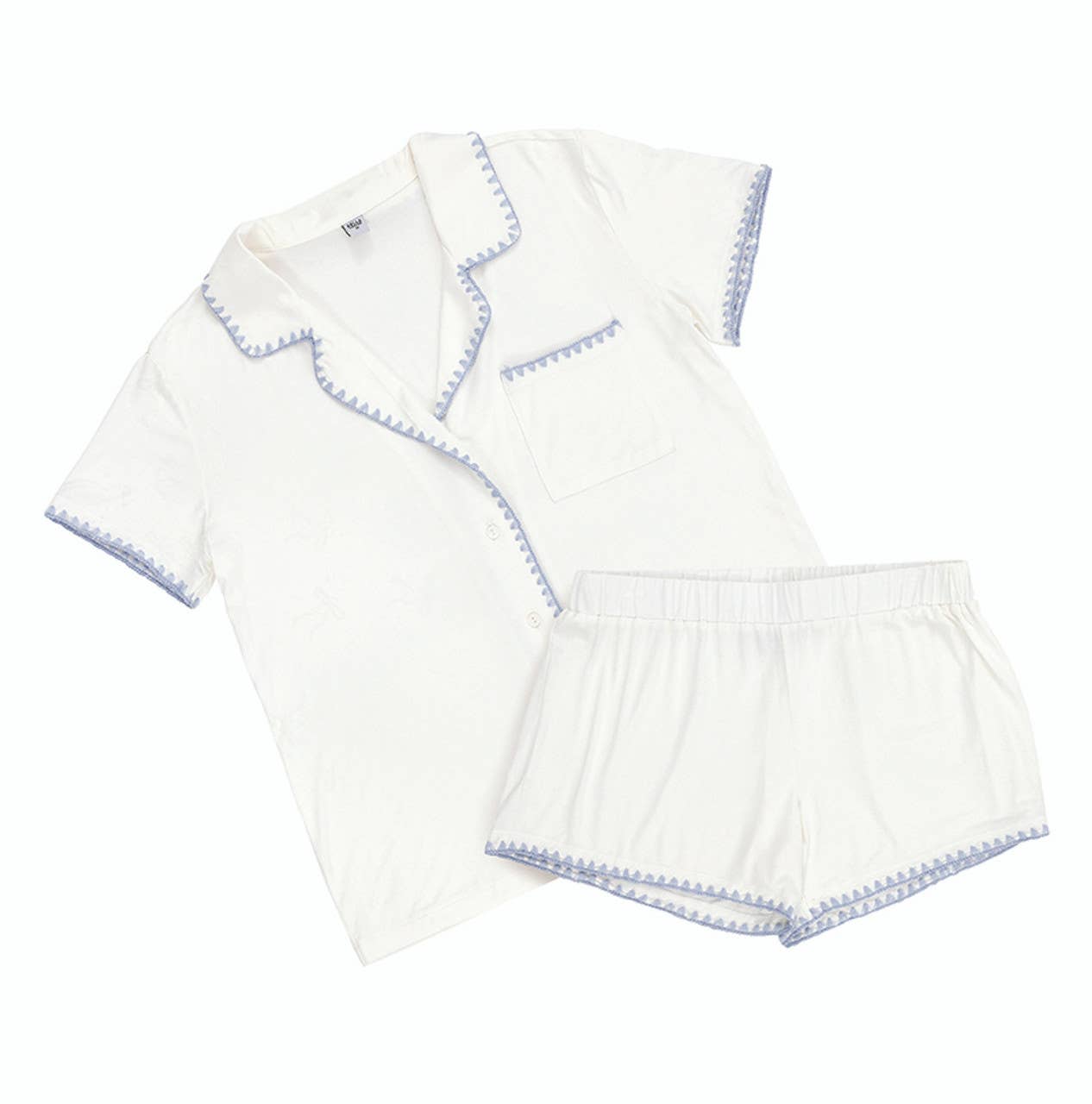 Short Bamboo PJ Set - White + Spa Blue Whip Stitch: 93% Bamboo/ 7% Spandex / Large