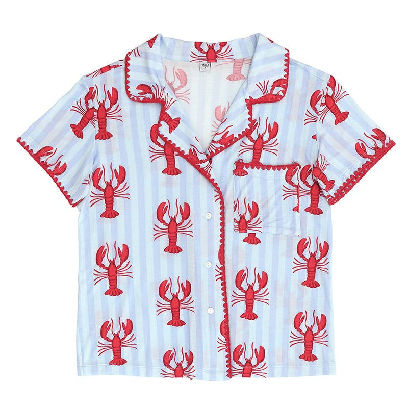 Bamboo PJ Set with Whip Stitch - Blue Stripes + Lobsters: Medium