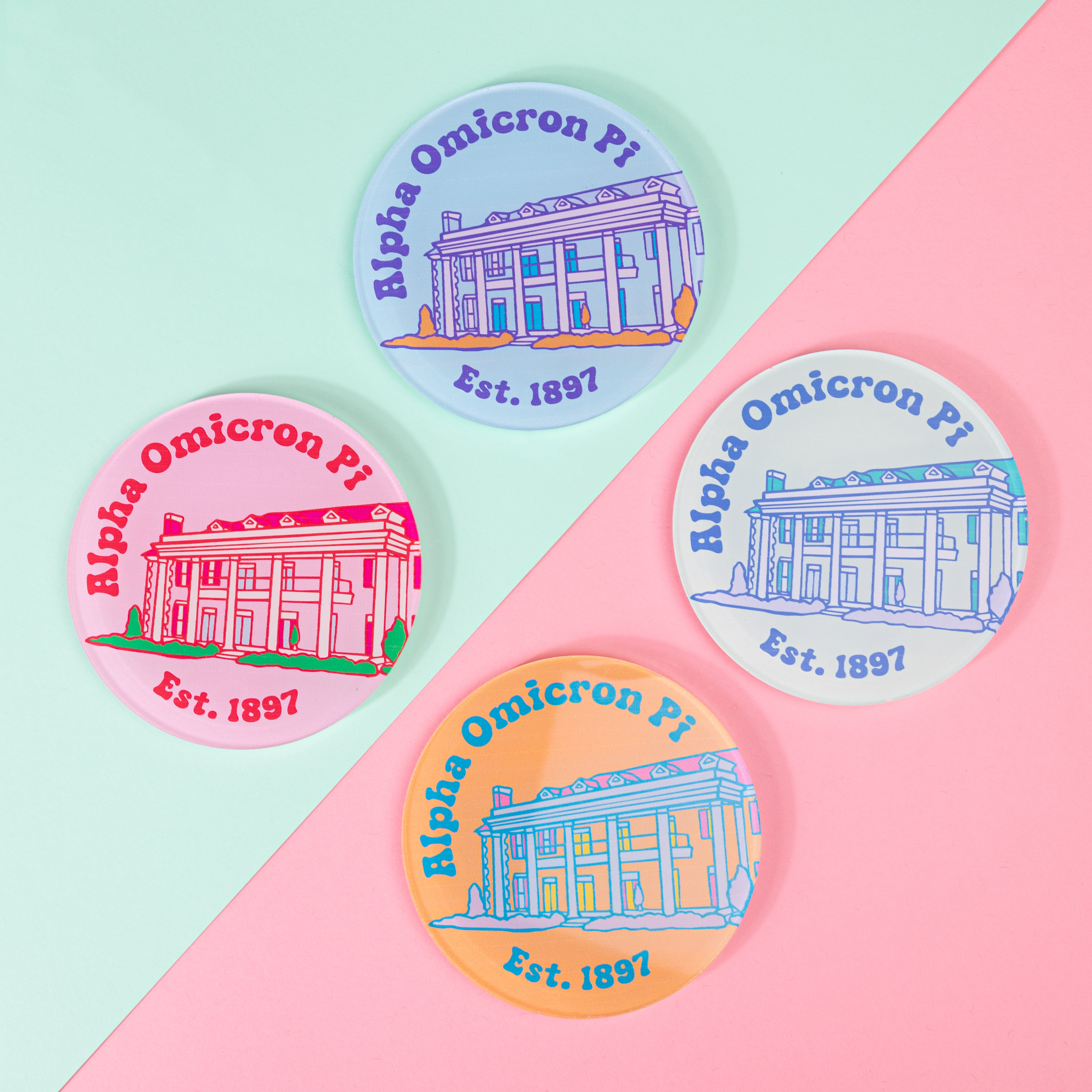 Sorority Acrylic Popart Coasters (Set of 4 - University of Alabama Houses)