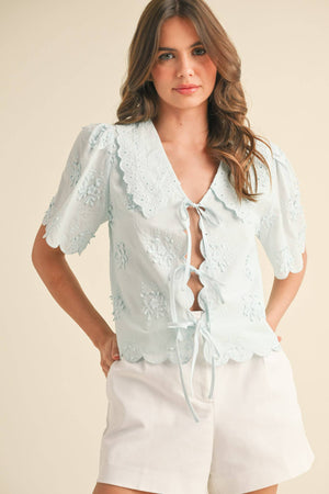 TIE FRONT COLLARED LACE TOP