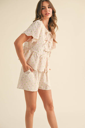 EMBROIDERED FLORAL GINGHAM TOP AND SHORTS SET