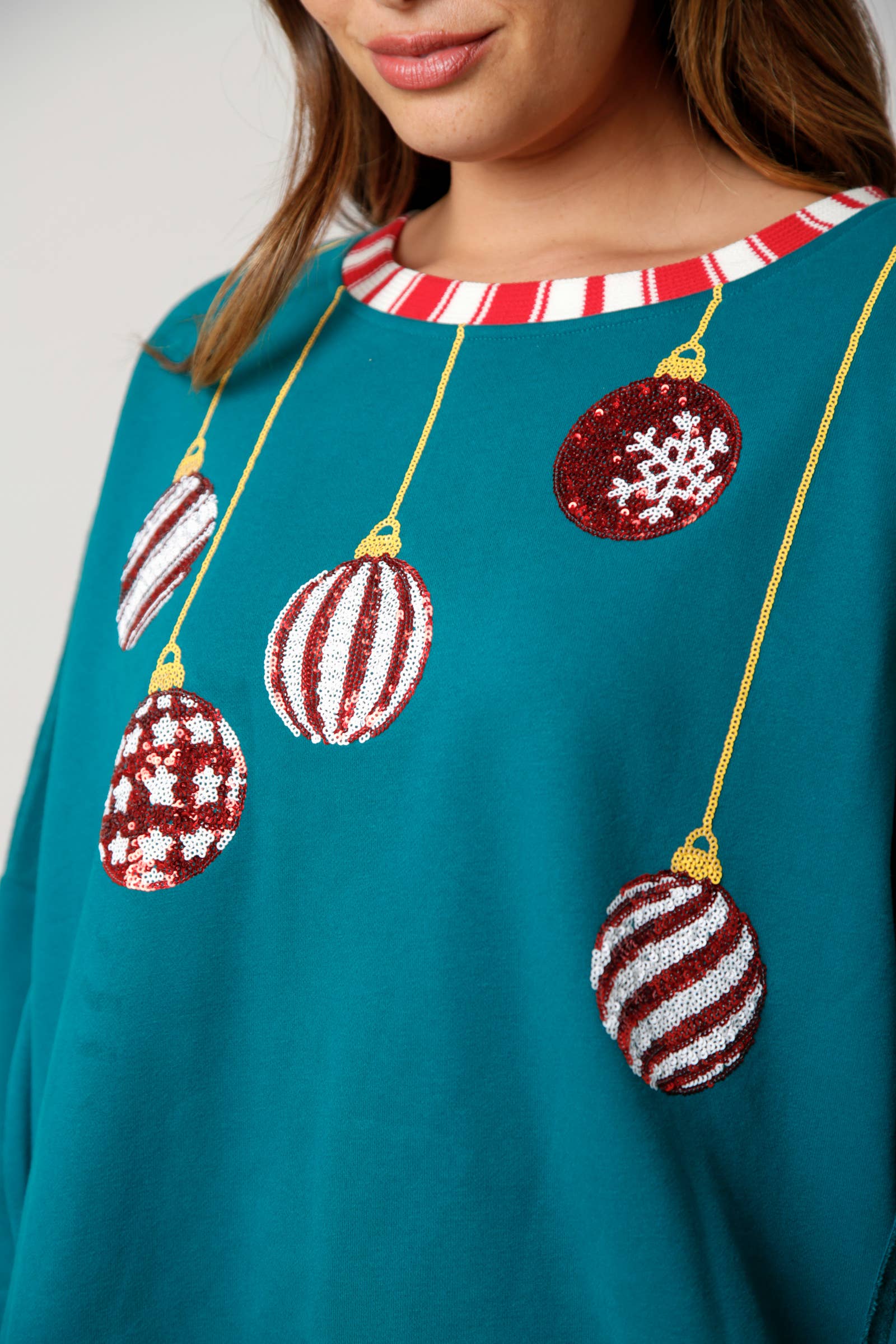 Sequin Christmas Ornament Contrast Sweatshirt: Lavender