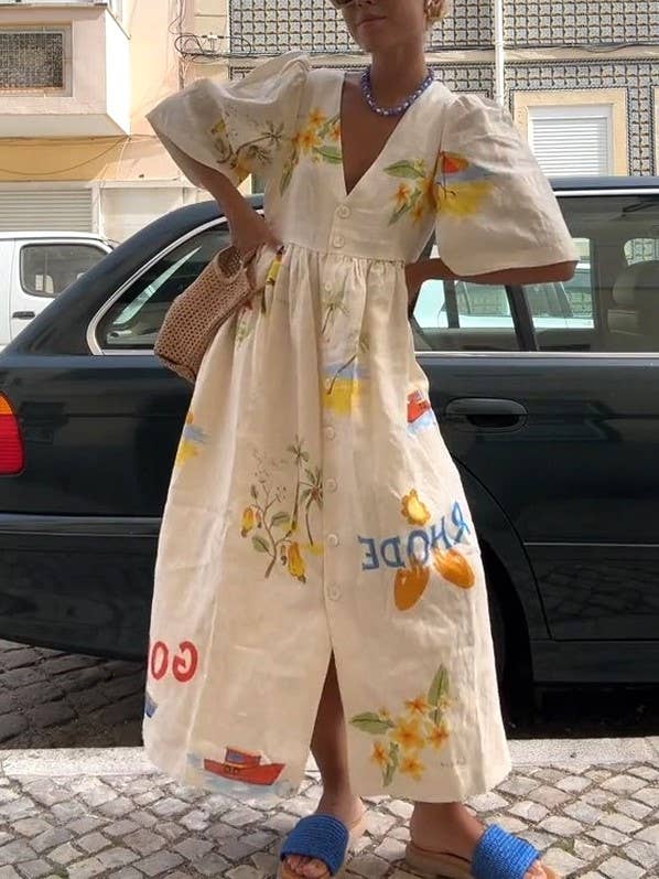Fashion Print V-Neck Cute Loose Dress: Apricot / XL Fashion Print V-Neck Cute Loose Dress: Apricot / XL