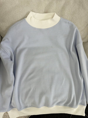 Blue and White Mini Striped Mockneck Sweatshirt: Blue/White Mini Stripes