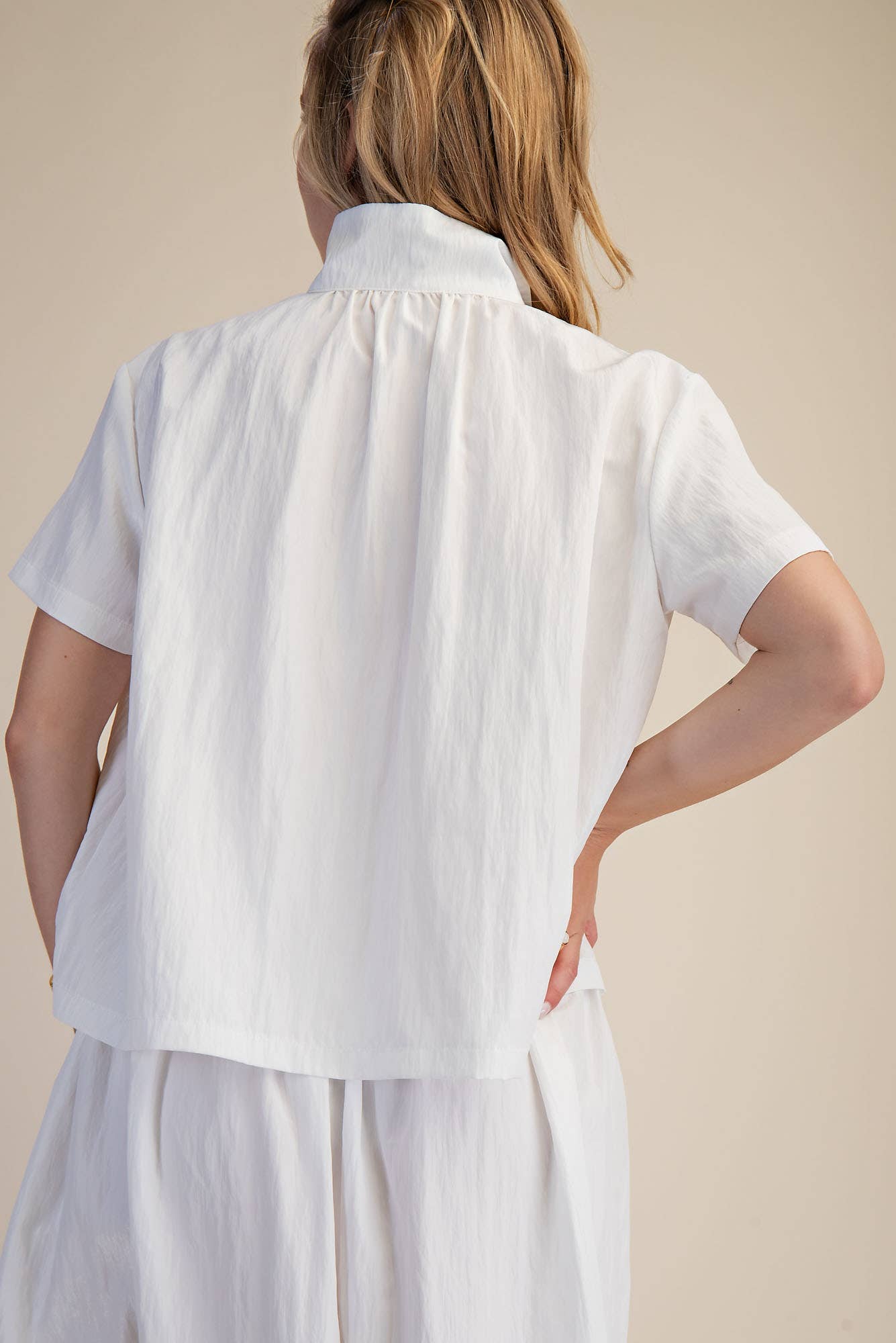 Stand Collar Short Sleeves Shirt: White