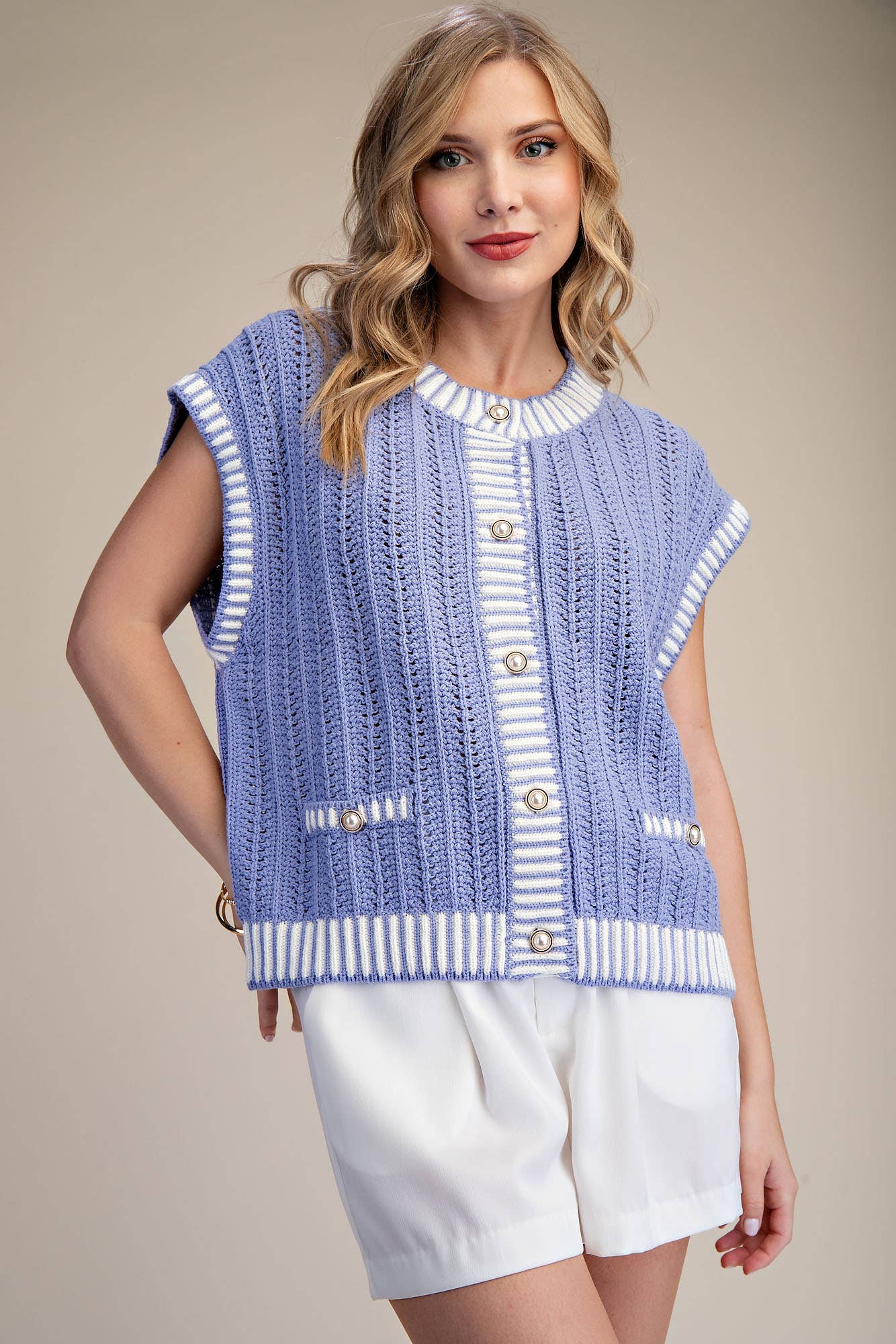 Round Neck Sleeveless Button Down Stripe Vest Sweater: Lavender