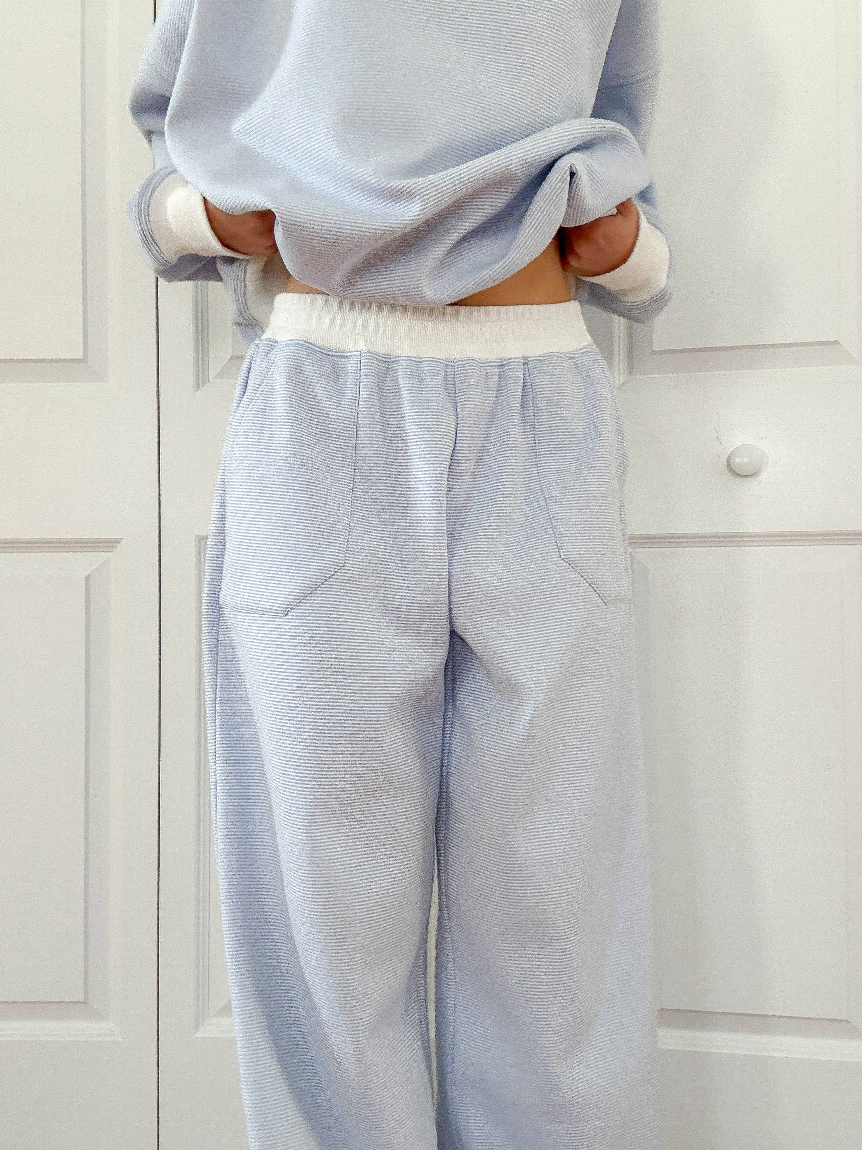 Blue and White Mini Striped Sweatpants: Blue/White Mini Stripes