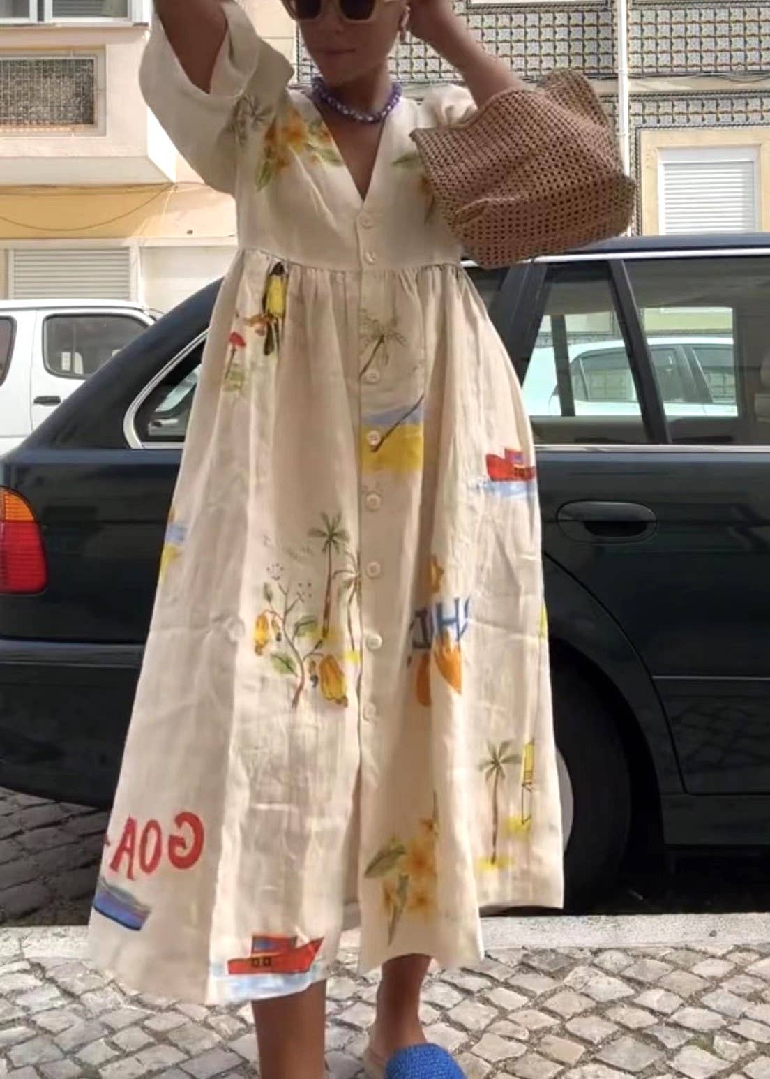Fashion Print V-Neck Cute Loose Dress: Apricot / XL