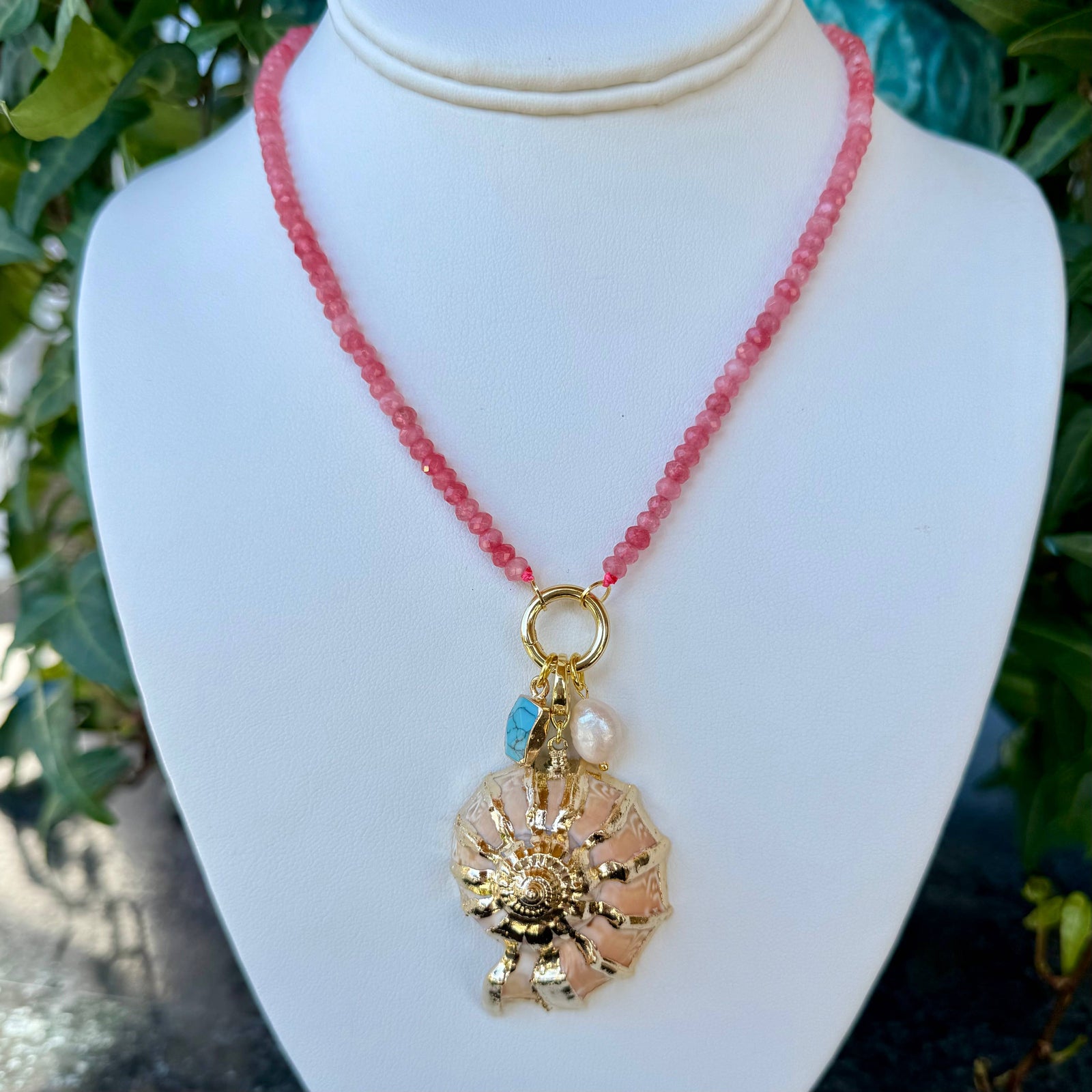 Pink Beaded Necklace + Seashell Pendant Necklace