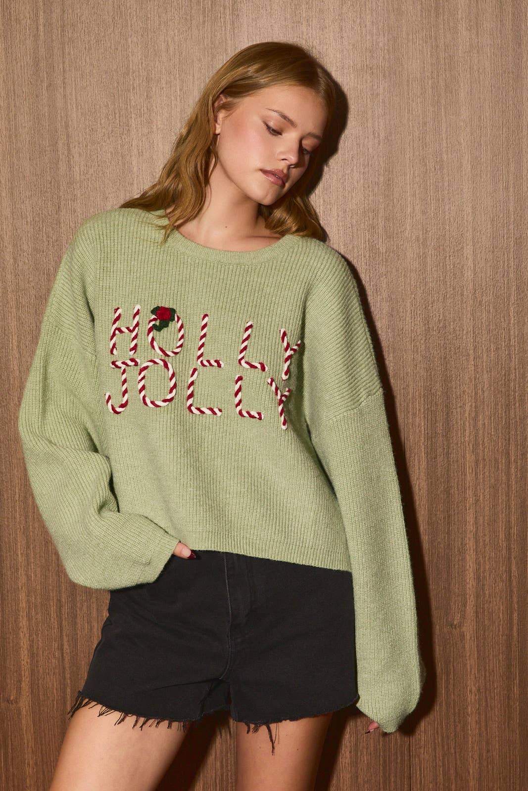 Holly Jolly Embroidered Cropped Knit Sweater: LT PINK / M
