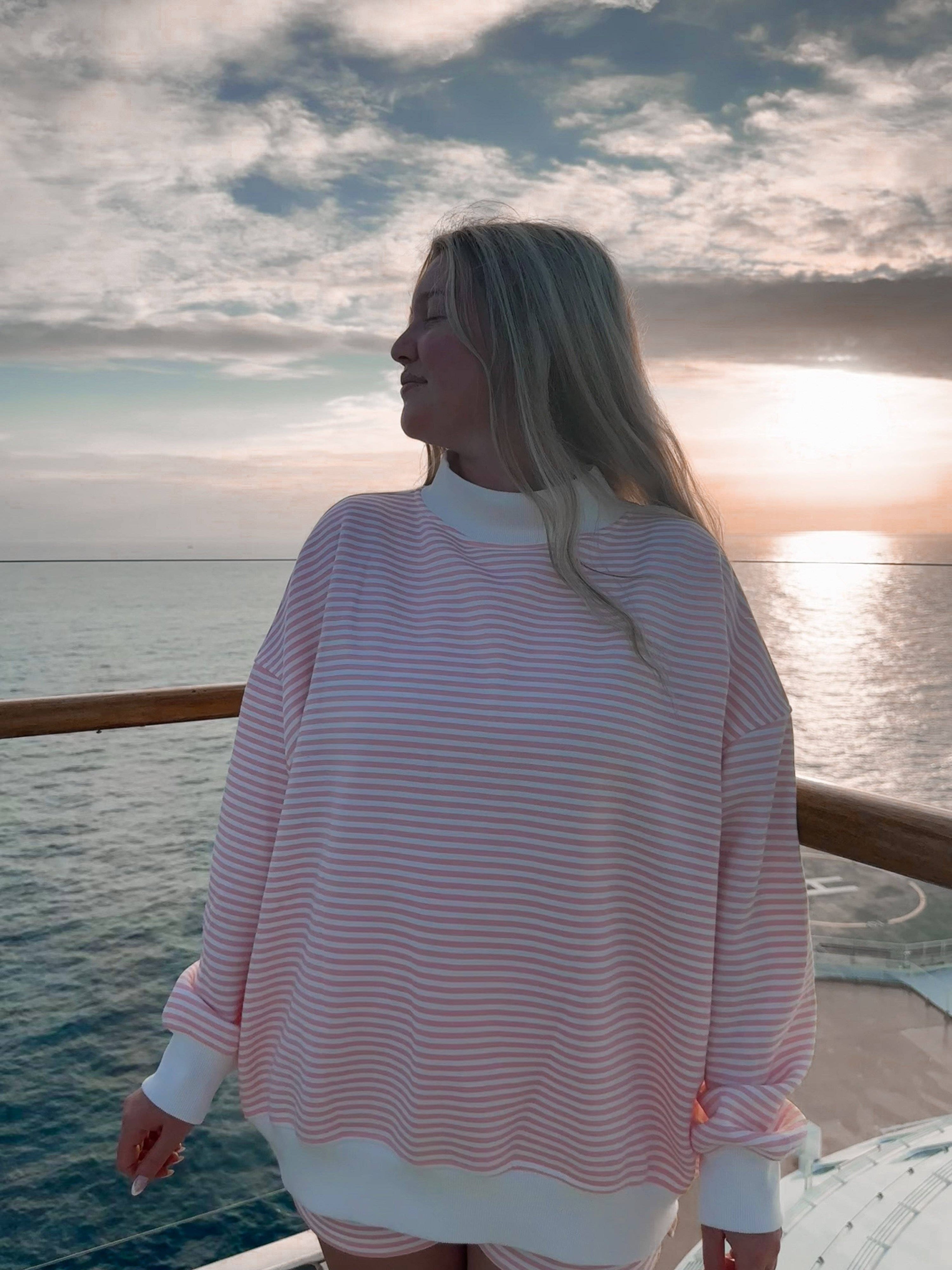 Light Pink and White Big Striped Mockneck Sweatshirt: Pink/White Big Stripes