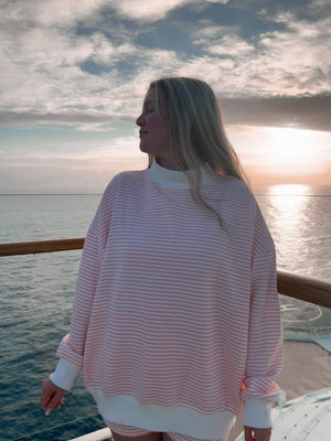 Light Pink and White Big Striped Mockneck Sweatshirt: Pink/White Big Stripes