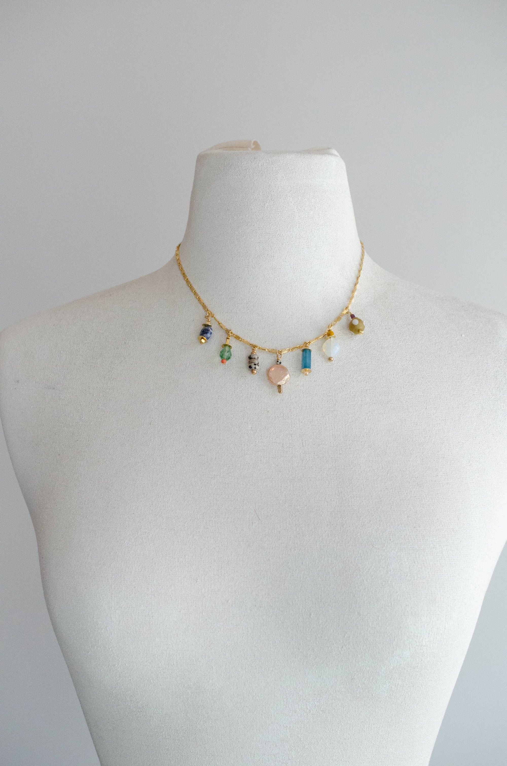 Colorful Beaded Charm Necklace: Jewel Tone