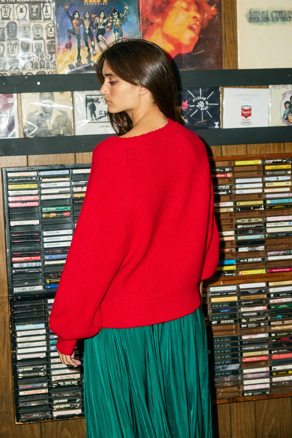 IT2389-MERRY | Bouclé-Lettered "MERRY" Slouchy Knit Sweater: RED/PINK / L