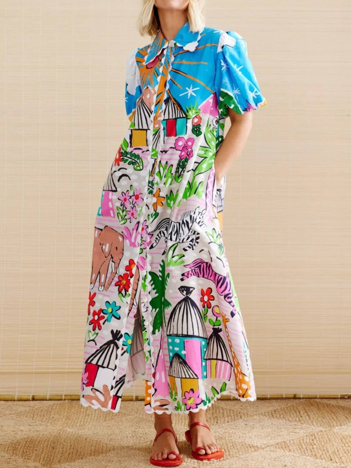 Lace Trim Animal Unique Print Short Sleeve Shirt Dress: Decor / S