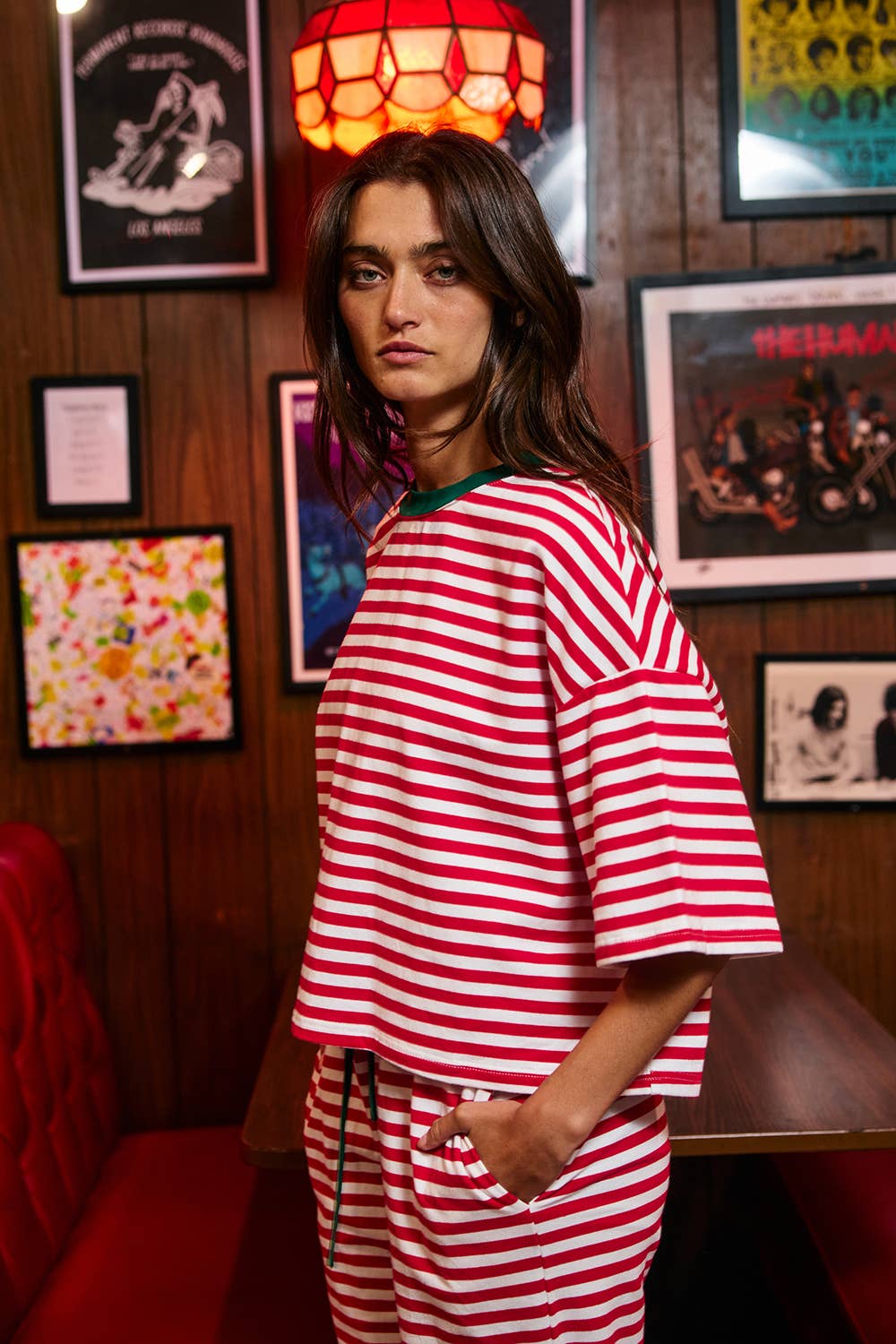 IT3087A | Striped Oversized Boxy Tee With Contrast Neck Band: RED/WHITE / S