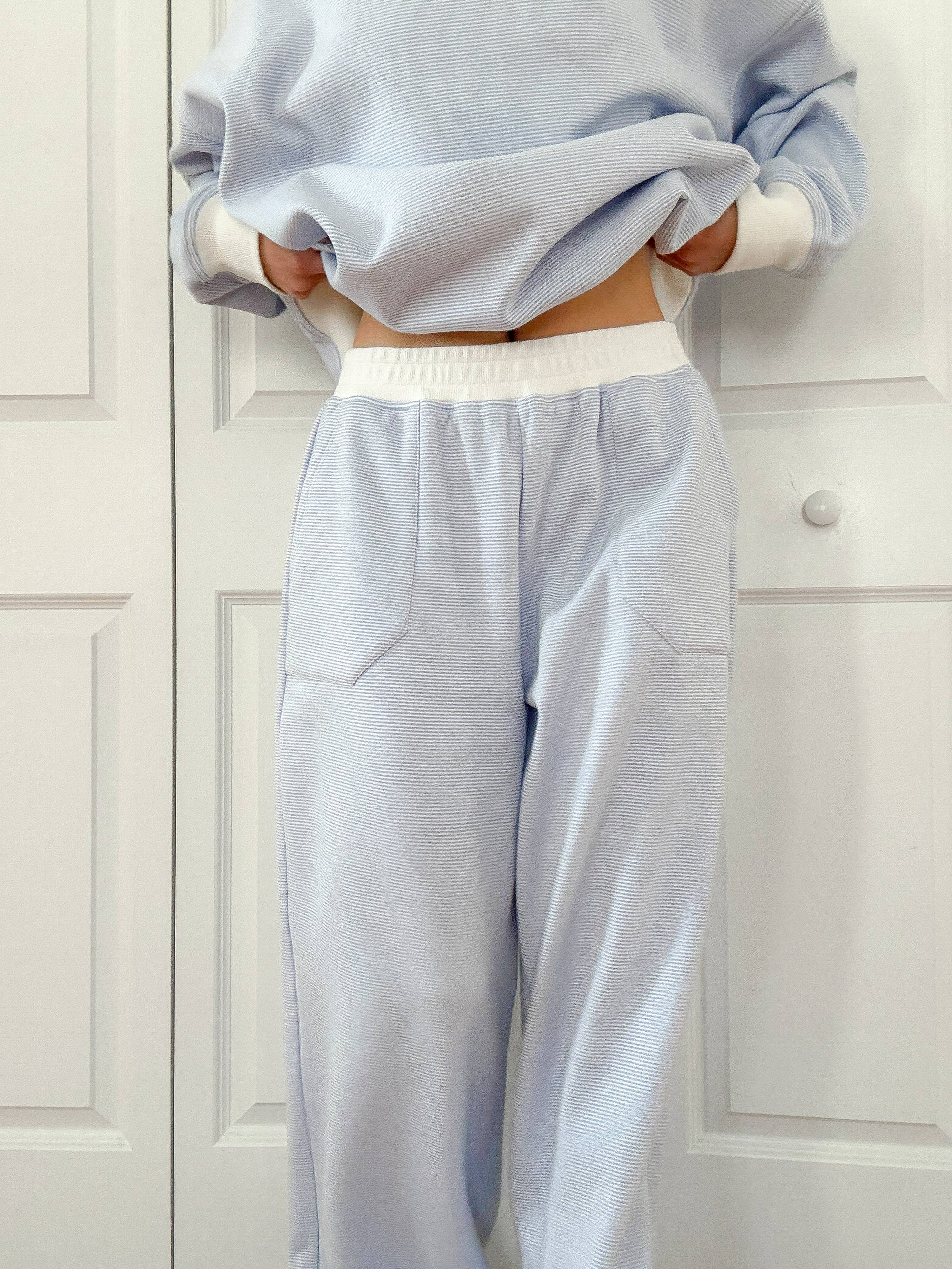 Blue and White Mini Striped Sweatpants: Blue/White Mini Stripes