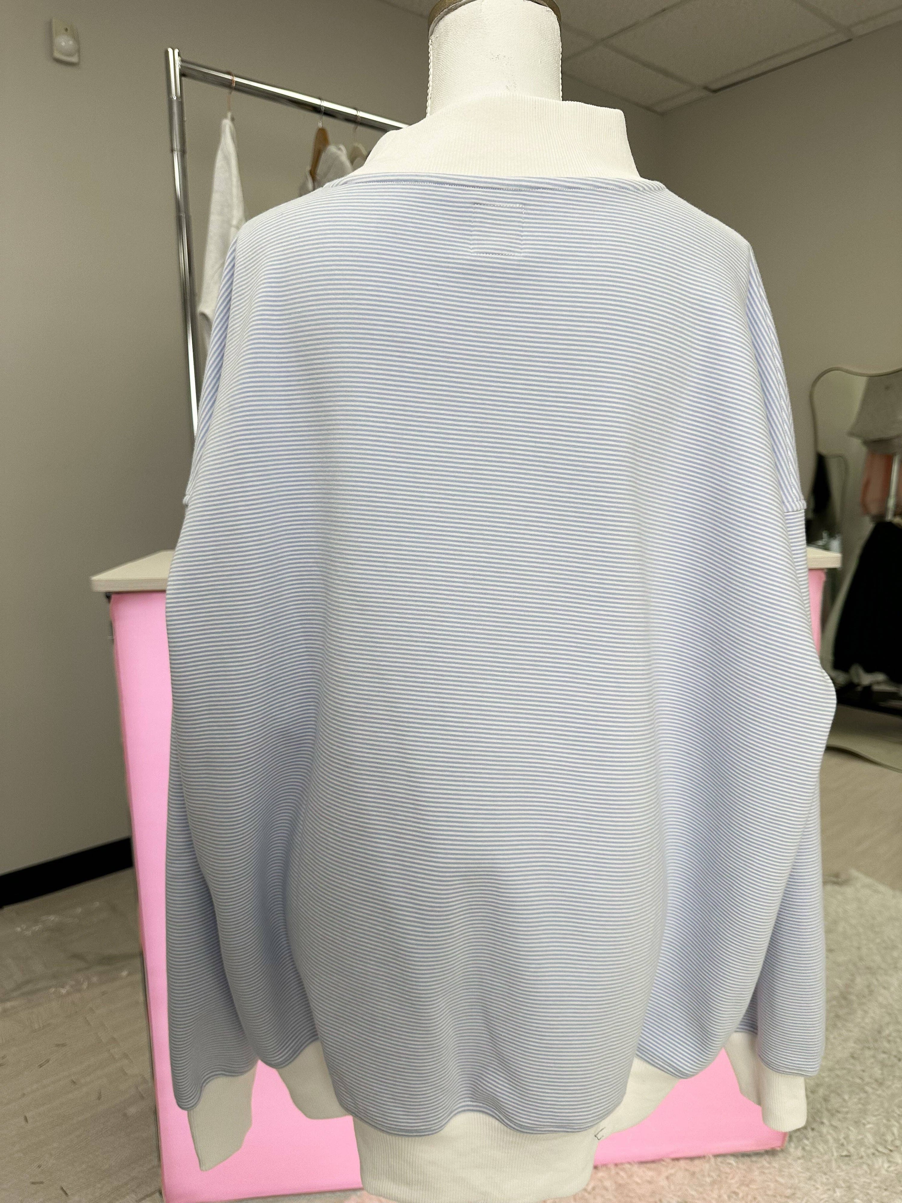 Blue and White Mini Striped Mockneck Sweatshirt: Blue/White Mini Stripes
