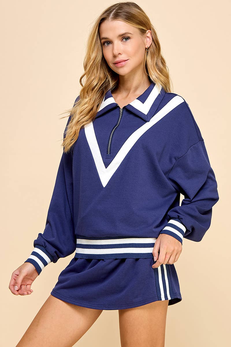 CT8927-Striped Detail Quarter Zip Sweater: NAVY / L