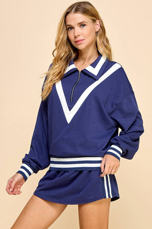 CT8927-Striped Detail Quarter Zip Sweater: NAVY / S
