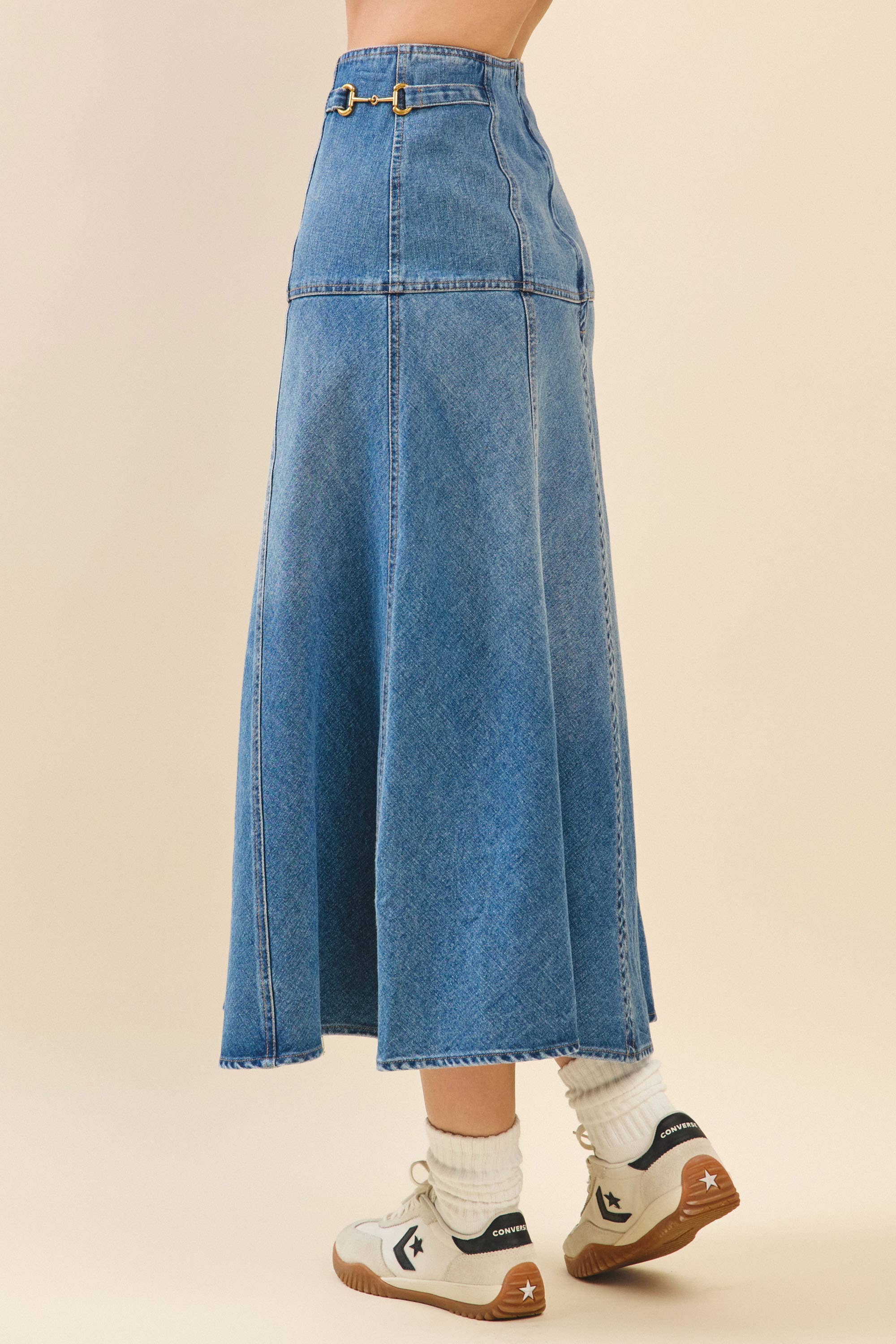CS3812-High Waisted Paneled A Line Denim Midi Skirt: DENIM BLUE
