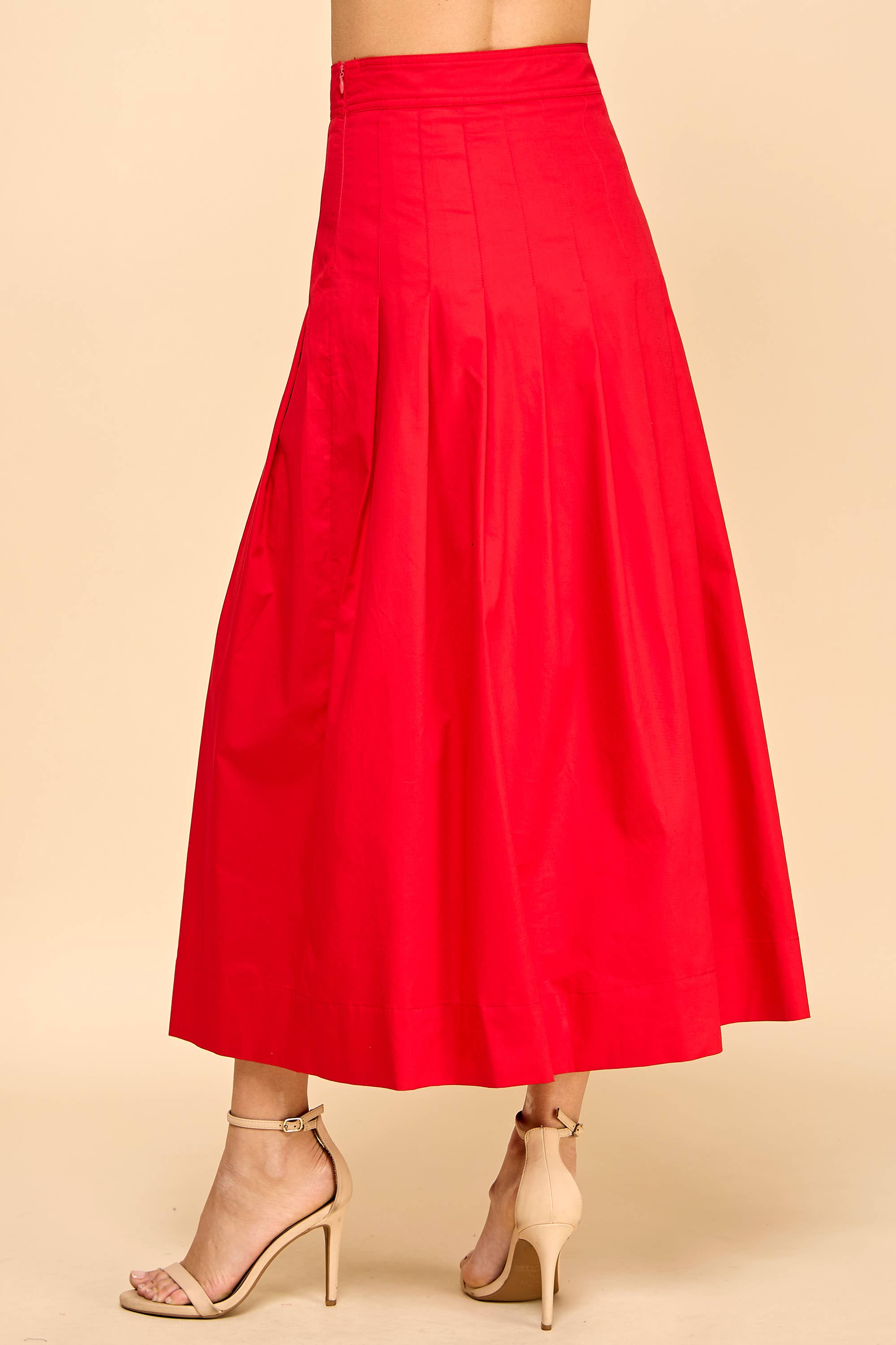 CS3801-Pleated Detail Wide Waistband Midi Skirt: Red / L