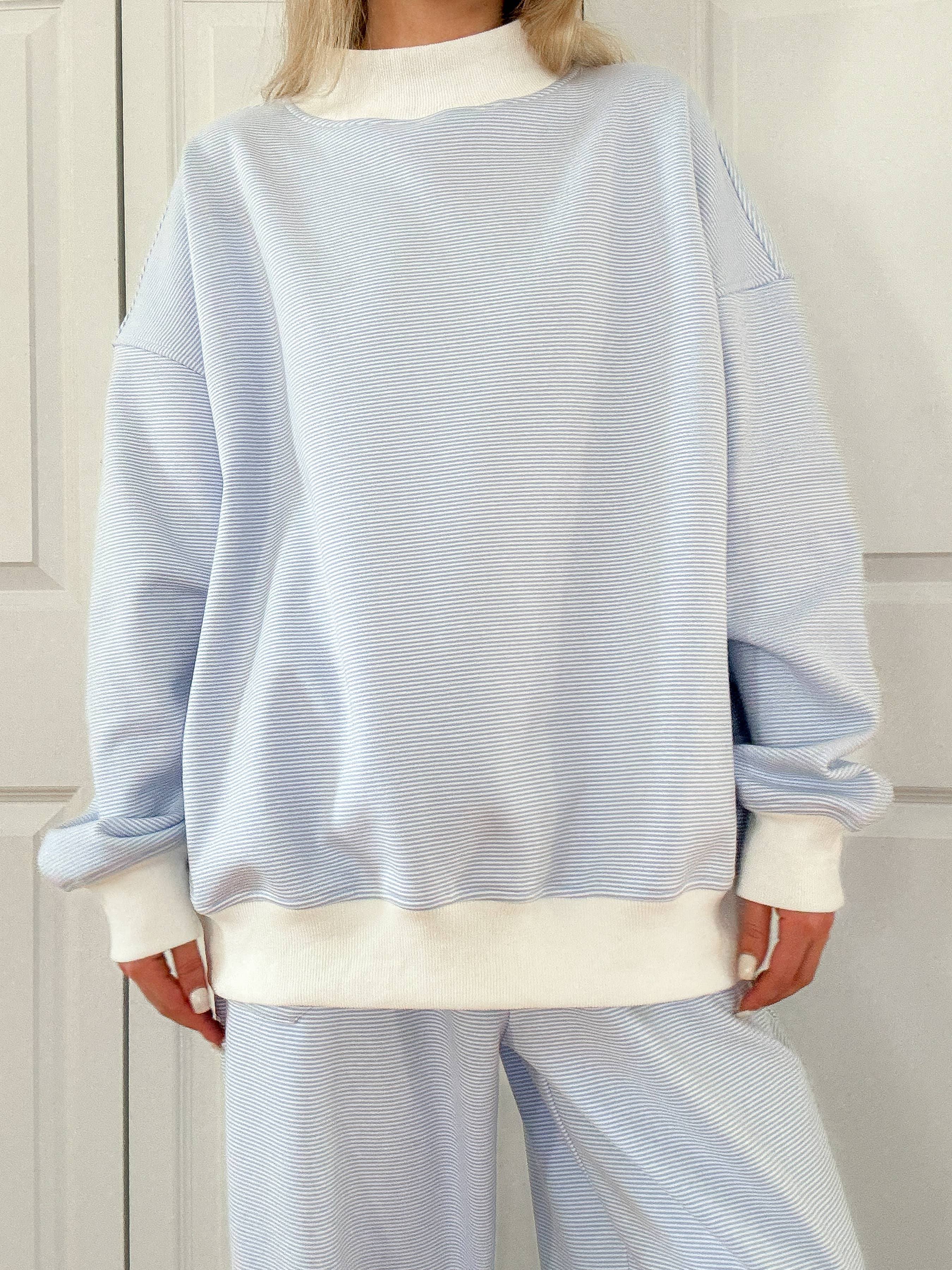 Blue and White Mini Striped Mockneck Sweatshirt: Blue/White Mini Stripes