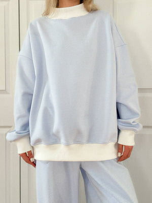 Blue and White Mini Striped Mockneck Sweatshirt: Blue/White Mini Stripes