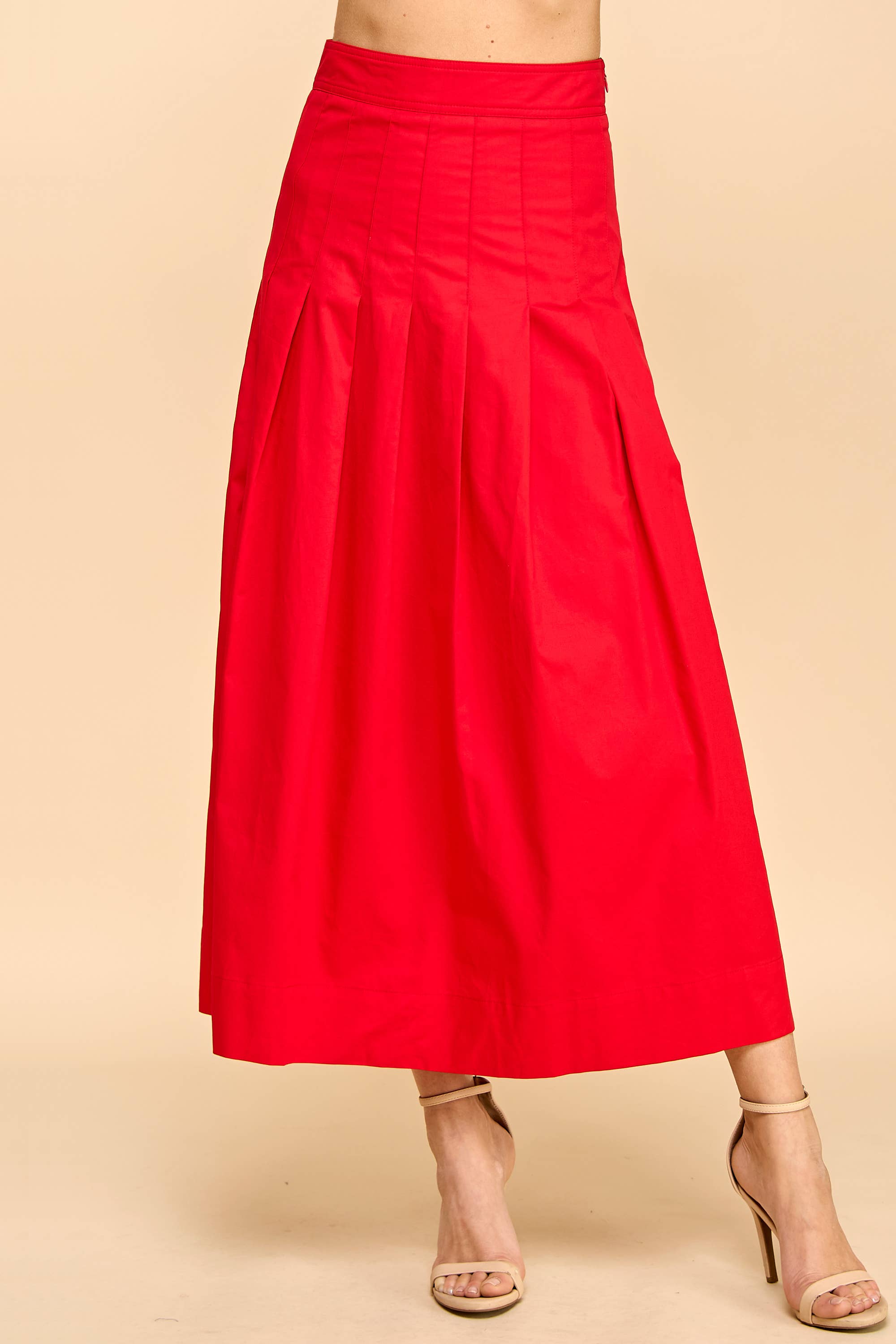 CS3801-Pleated Detail Wide Waistband Midi Skirt: Red / S