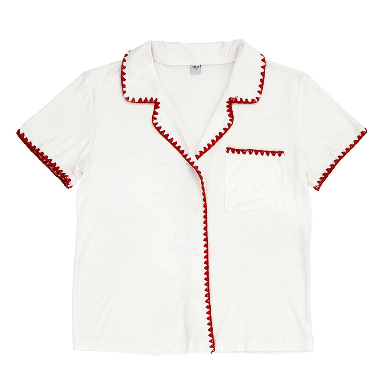 Short Bamboo PJ Set - White + Burgundy Whip Stitch: 93% Bamboo/ 7% Spandex / Large