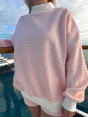 Light Pink and White Big Striped Mockneck Sweatshirt: Pink/White Big Stripes
