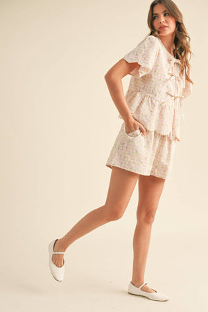 EMBROIDERED FLORAL GINGHAM TOP AND SHORTS SET