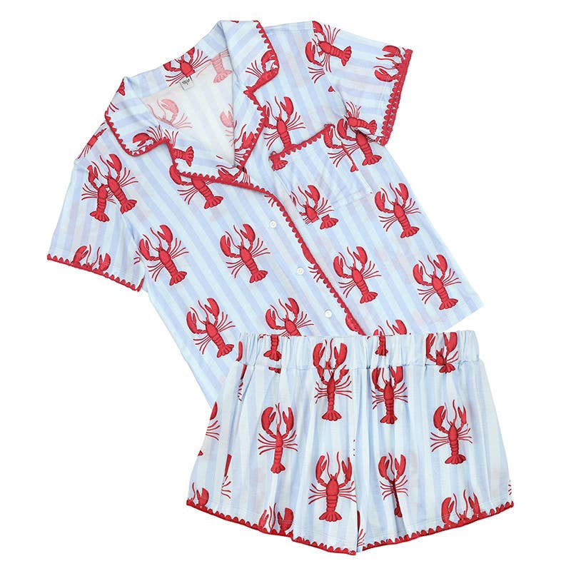 Bamboo PJ Set with Whip Stitch - Blue Stripes + Lobsters: Large