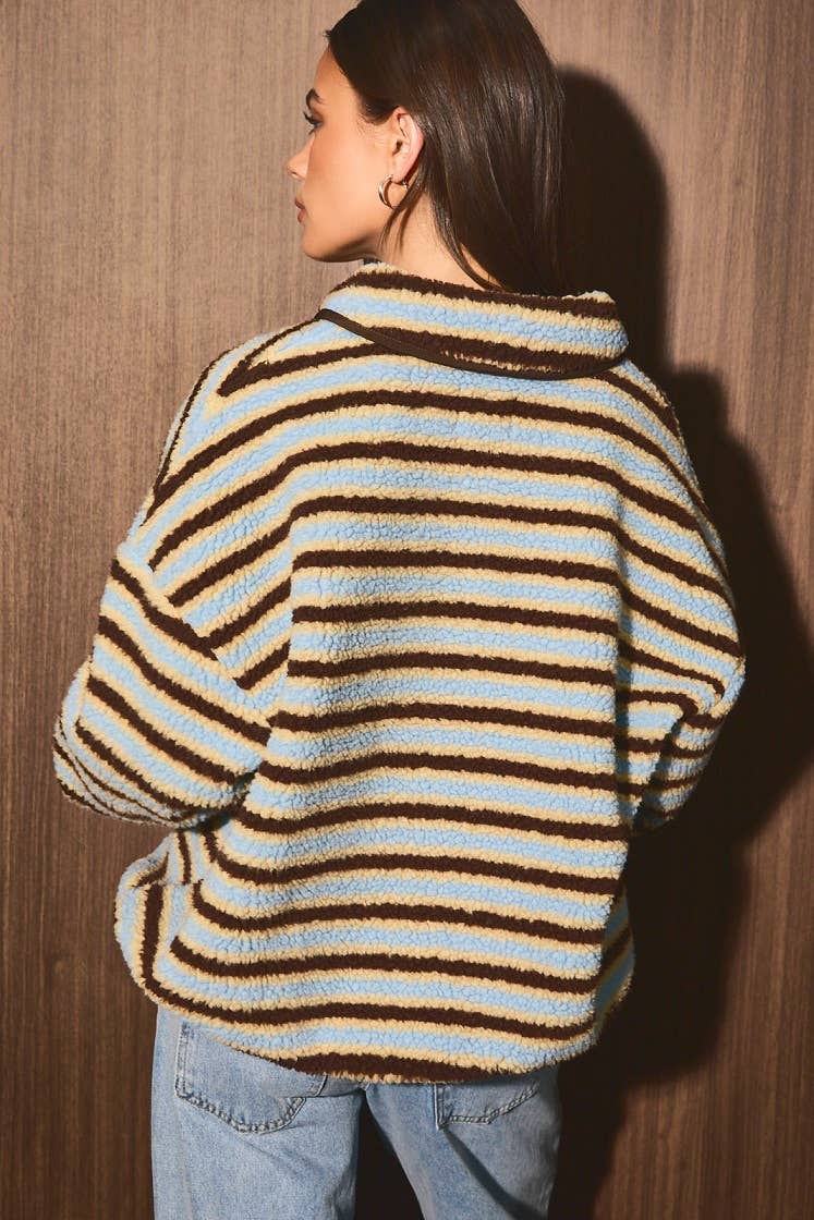 Striped Collared Button Oversized Fleece Pullover: LT BLUE-BROWN STRIPE / XS