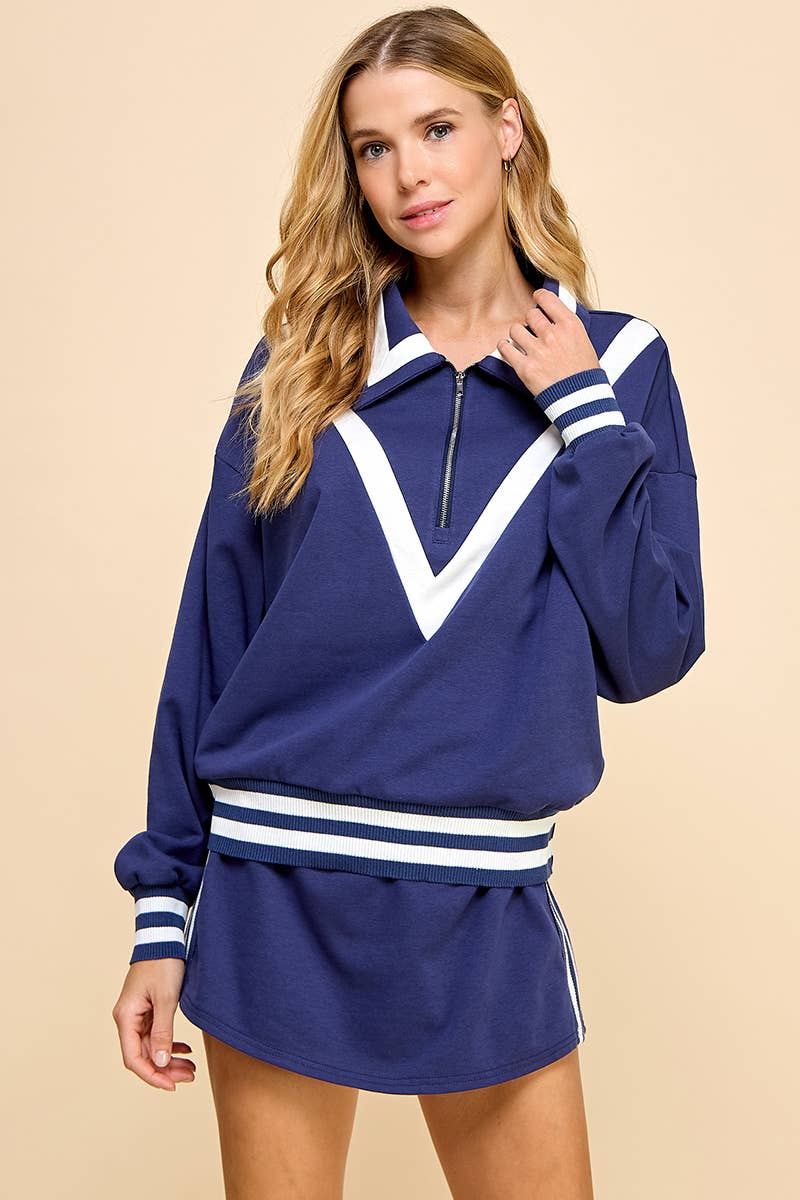 CT8927-Striped Detail Quarter Zip Sweater: NAVY / L