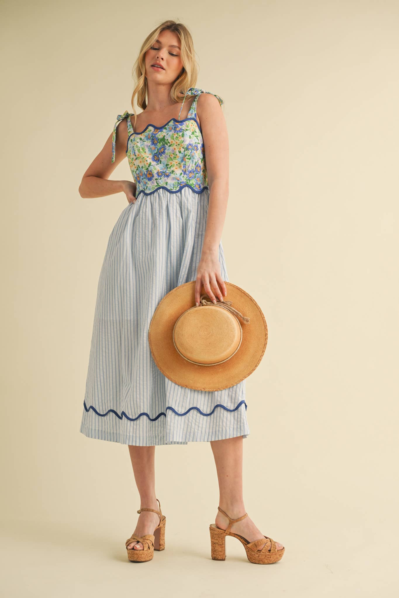 SCALLOPED MIXED PRINT MIDI DRESS