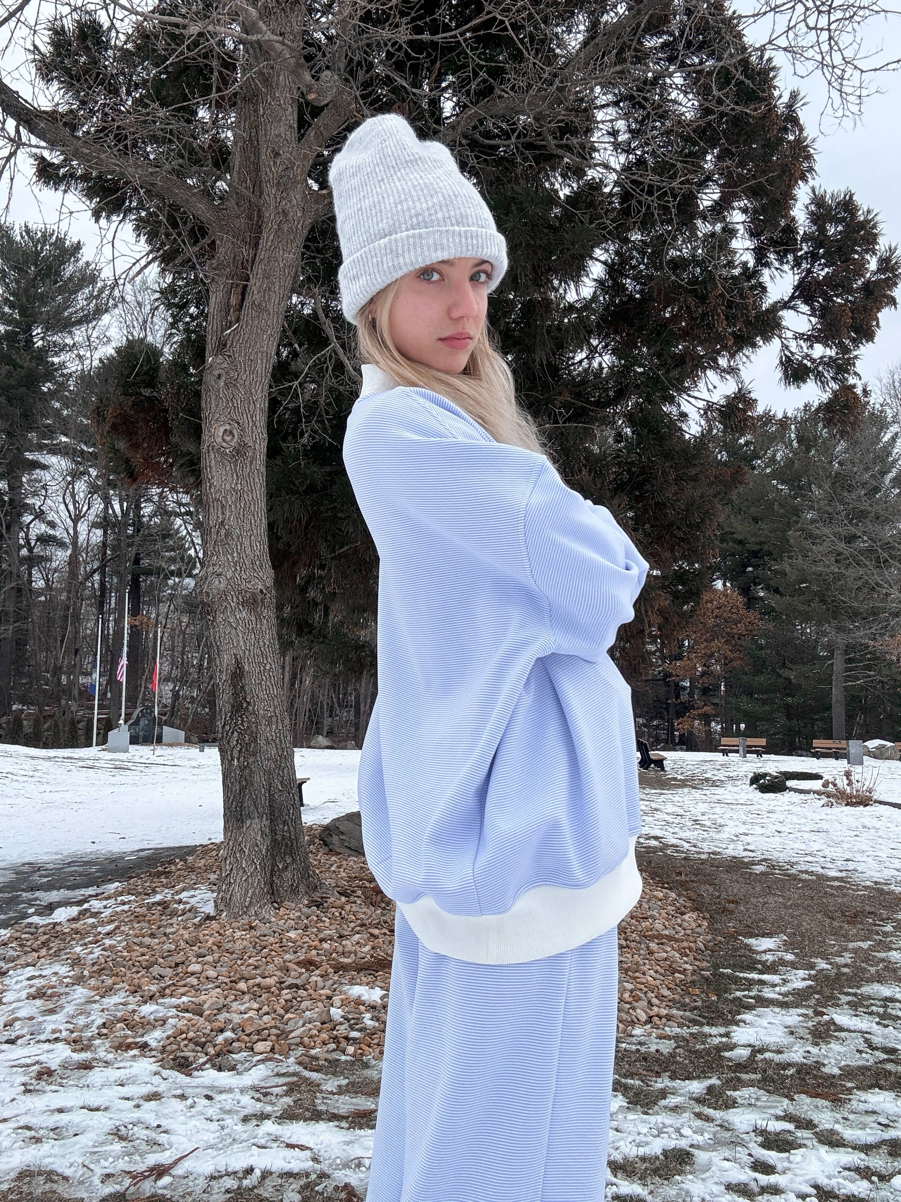Blue and White Mini Striped Mockneck Sweatshirt: Blue/White Mini Stripes