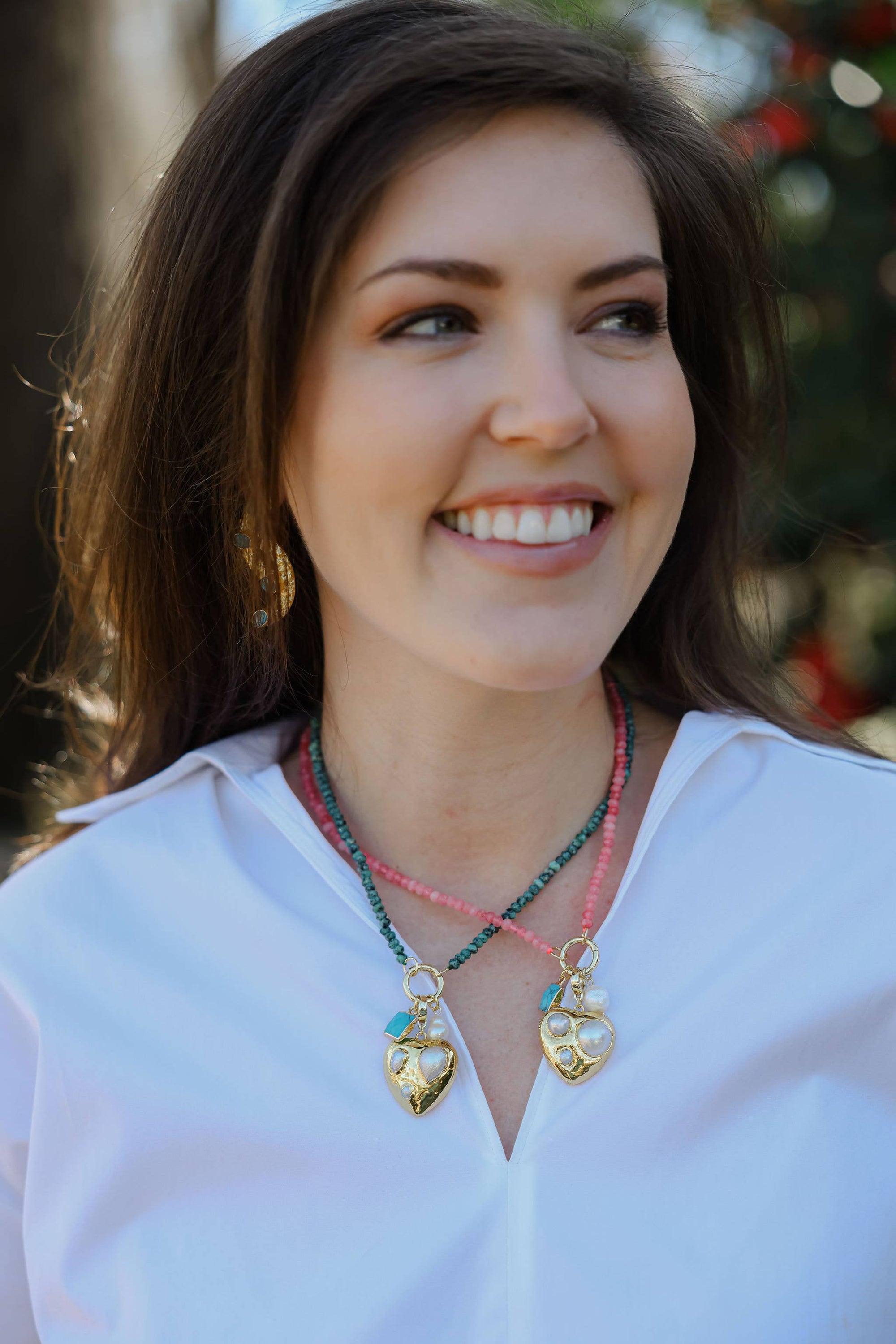 Pink Beaded Necklace + Heart Pendant With Charms