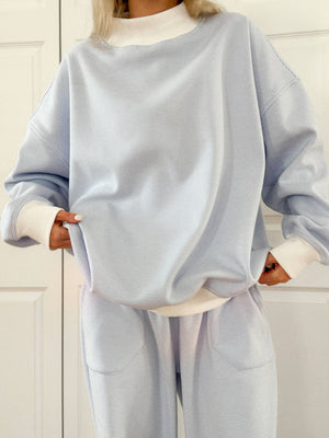 Blue and White Mini Striped Mockneck Sweatshirt: Blue/White Mini Stripes